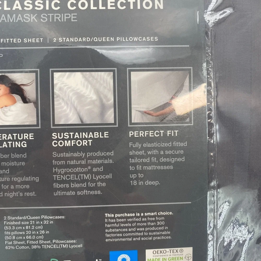 Liz Claiborne Sheet Set Full Techno Gray Damask Stripe Deep Pocket Minimalist